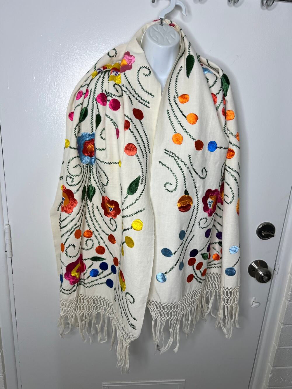 Embroidered Mexican Floral Rebozo Shawl with Fringe Multi-Color ~ 80" by 25"